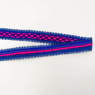 Fuchsia Pink Cotton Fabric Lace Trim with Royal Blue Thread Embroidery, Trim By 3 Yards, Craft Decorative Ribbon